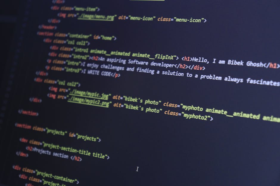 A close-up view of a computer screen displaying lines of HTML code in various colors, including tags, attributes, and nested elements, with some image links highlighted. The background is dark, and th